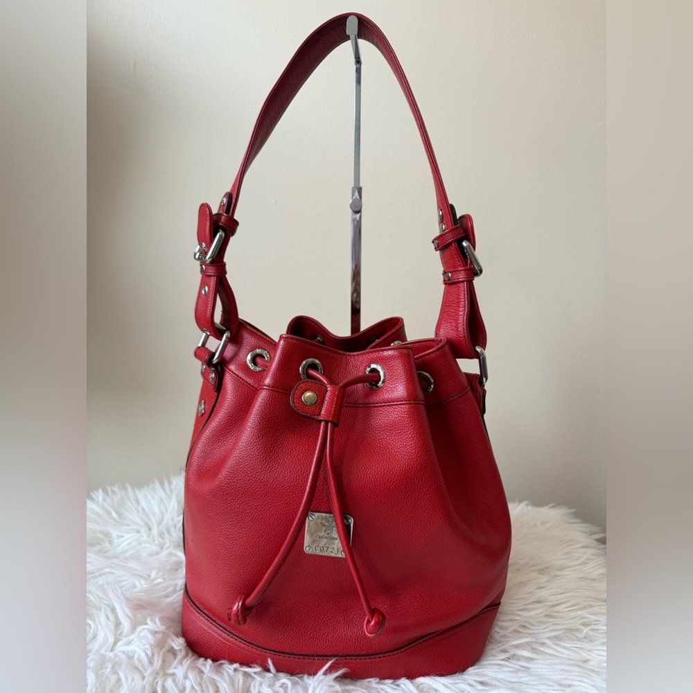 Sold! MCM Red Bucket drawstring Bag with Adjustable Strap